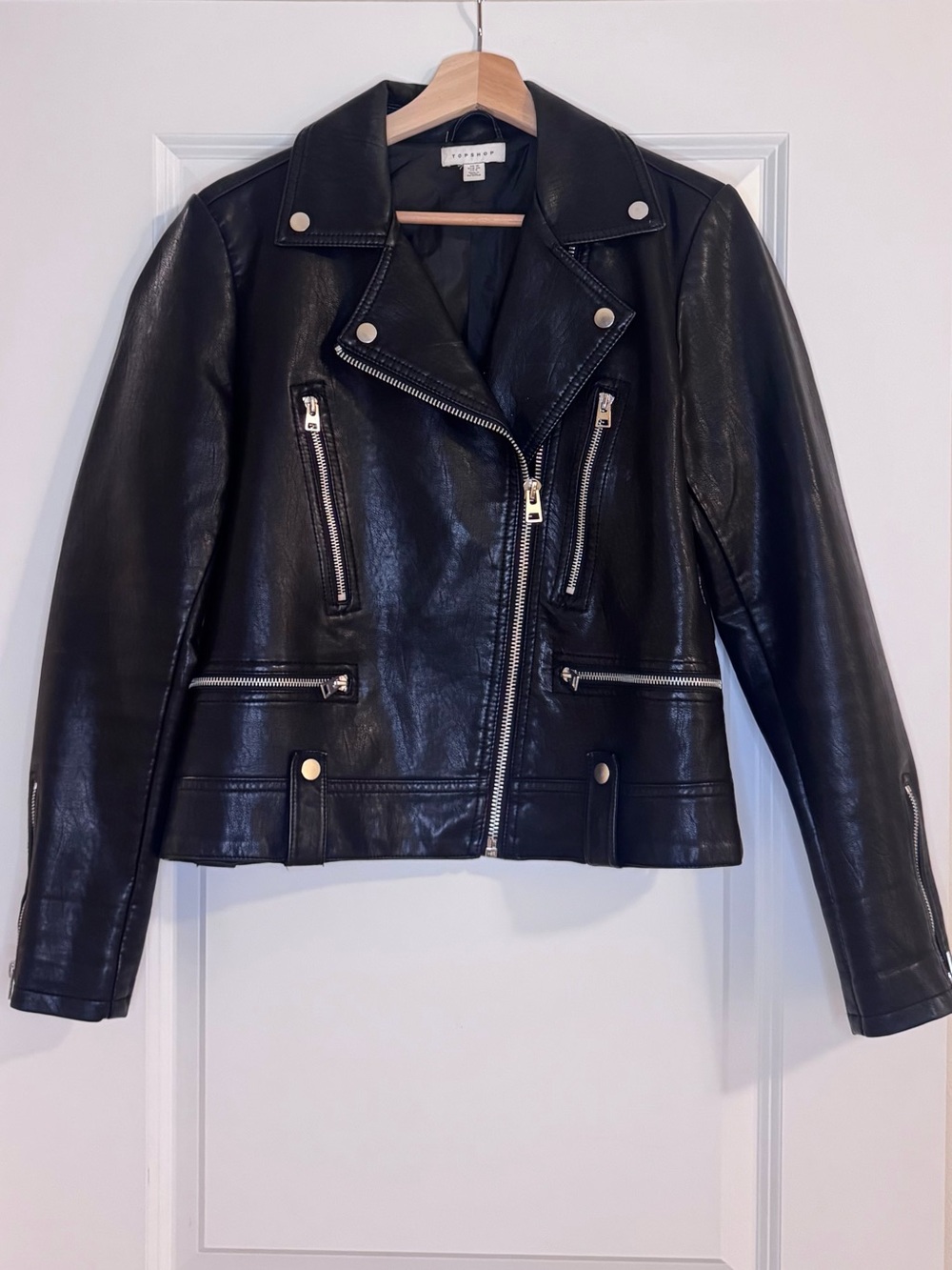 Topshop Fred Black Faux Leather Moto Biker Jacket US 8